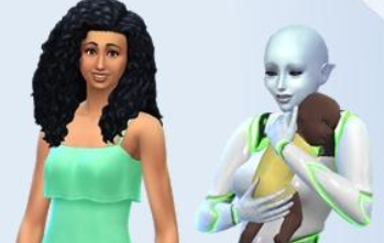 Abigail stands away from Breana (alien), who cuddles baby Cora
